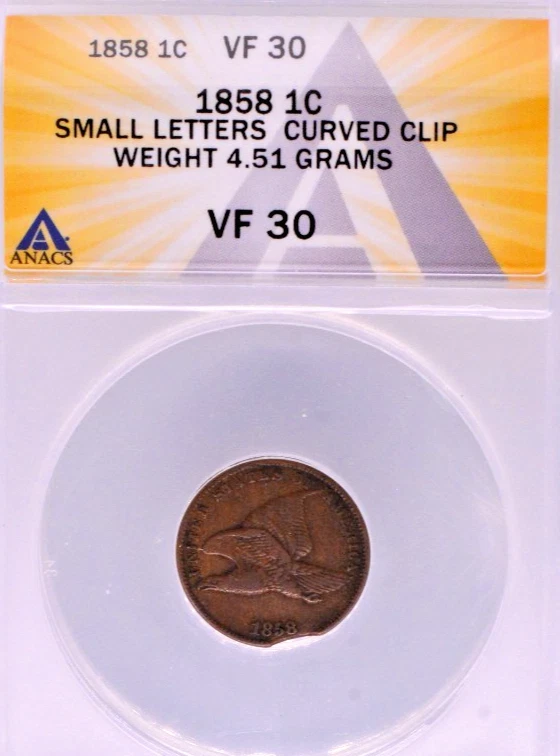 1858 CURVED CLIPPED PLANCHET ERROR FLYING EAGLE CENT ANACS VF-30! - Image 2 of 3