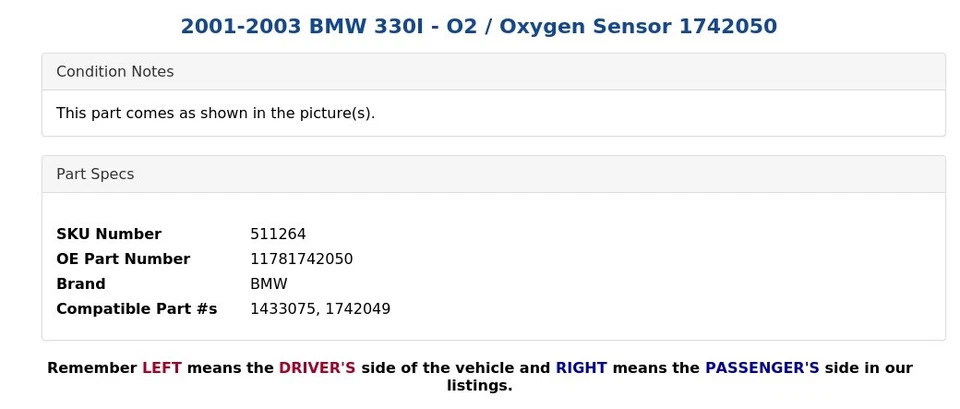 2001-2003 BMW 330I - O2 / Oxygen Sensor 1742050 - Image 4 of 4