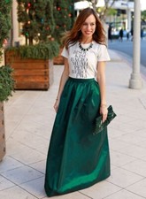 Women Green Taffeta Pleated Skirt Floor Length Evening Party Wear Maxi Skirt