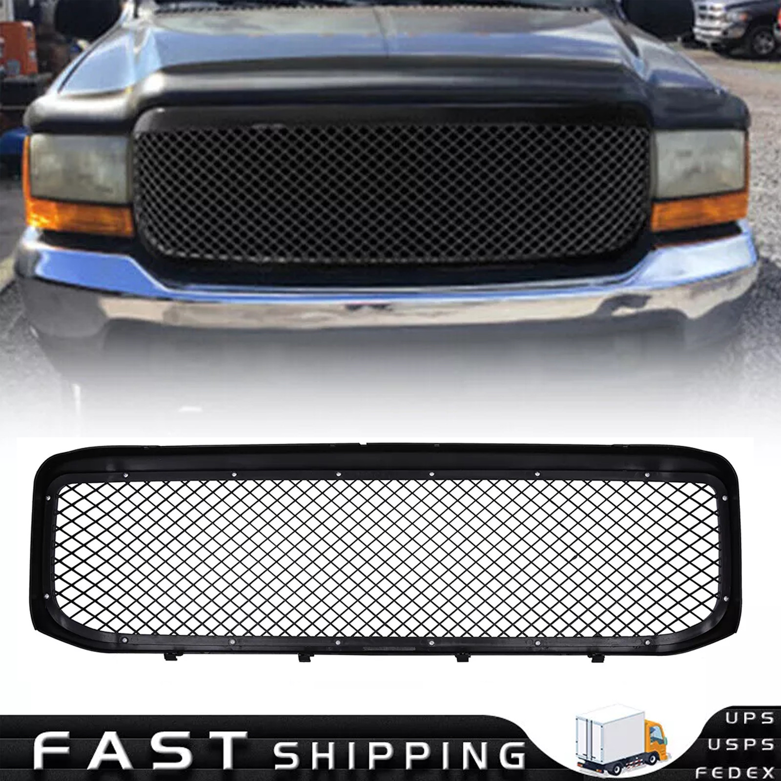 FITS 1999-2004 Ford F-250 F-350 Super Duty Front Bumper Glossy Black Grille Mesh