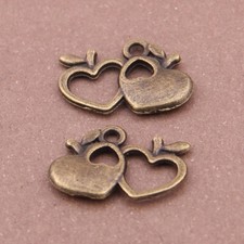 10 Double Heart Apple Charms Antiqued Bronze Teacher Pendants Back to School