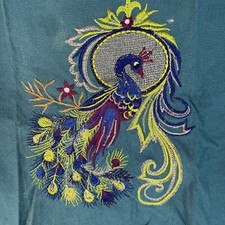 Machine Stitched Peacock On Linen Table Runner /Wall Art Large ~Artistic Accents