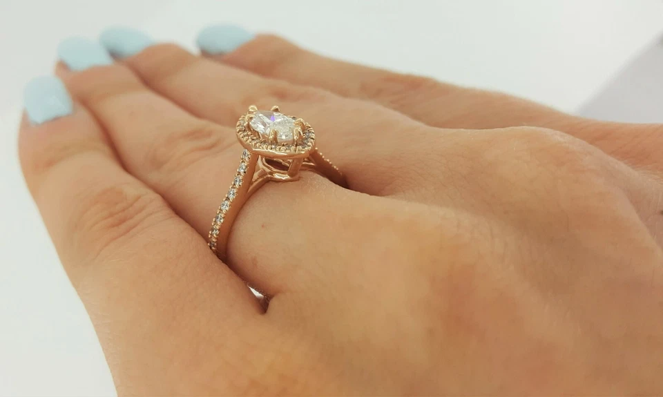 Anillo de compromiso con halo de diamantes talla marquesa de oro rosa de 14 quilates de 1,08 quilates G/SI2 Rtl $6 k Foto 4 de 4