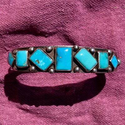 1910s RARE TURQUOISE OLD Navajo Ingot Silver Stamped Cuff Bracelet 