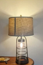 Franklin Iron Works Industrial Lantern 3-Way Table Lamp w Edison Nightlight Bulb