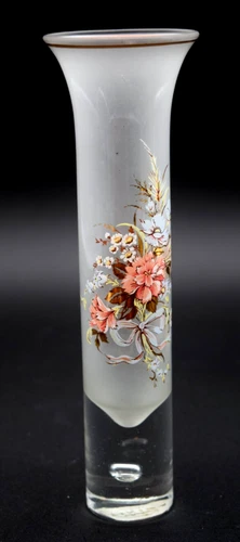 Vintage 8 Inch Viking Frosted Glass  Bud Vase W/ Hand Painted Floral Arrangement