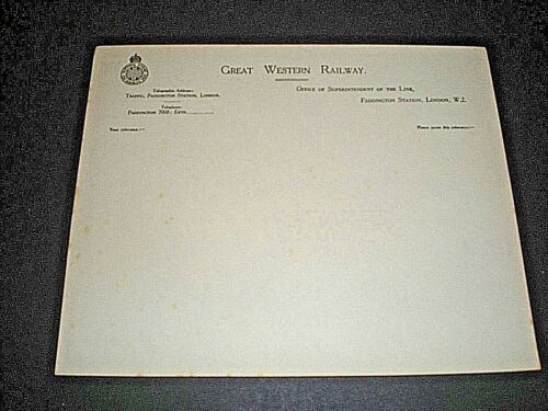 GWR. GREAT WESTERN RAILWAY. circa 1930. HEADED NOTE PAPER. PADDINGTON. UNUSED. - Imagen 1 de 1