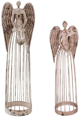 Antiqued Metal Garden Angel Statue Set of 2, Indoor Outdoor Angel Yard Art Decor