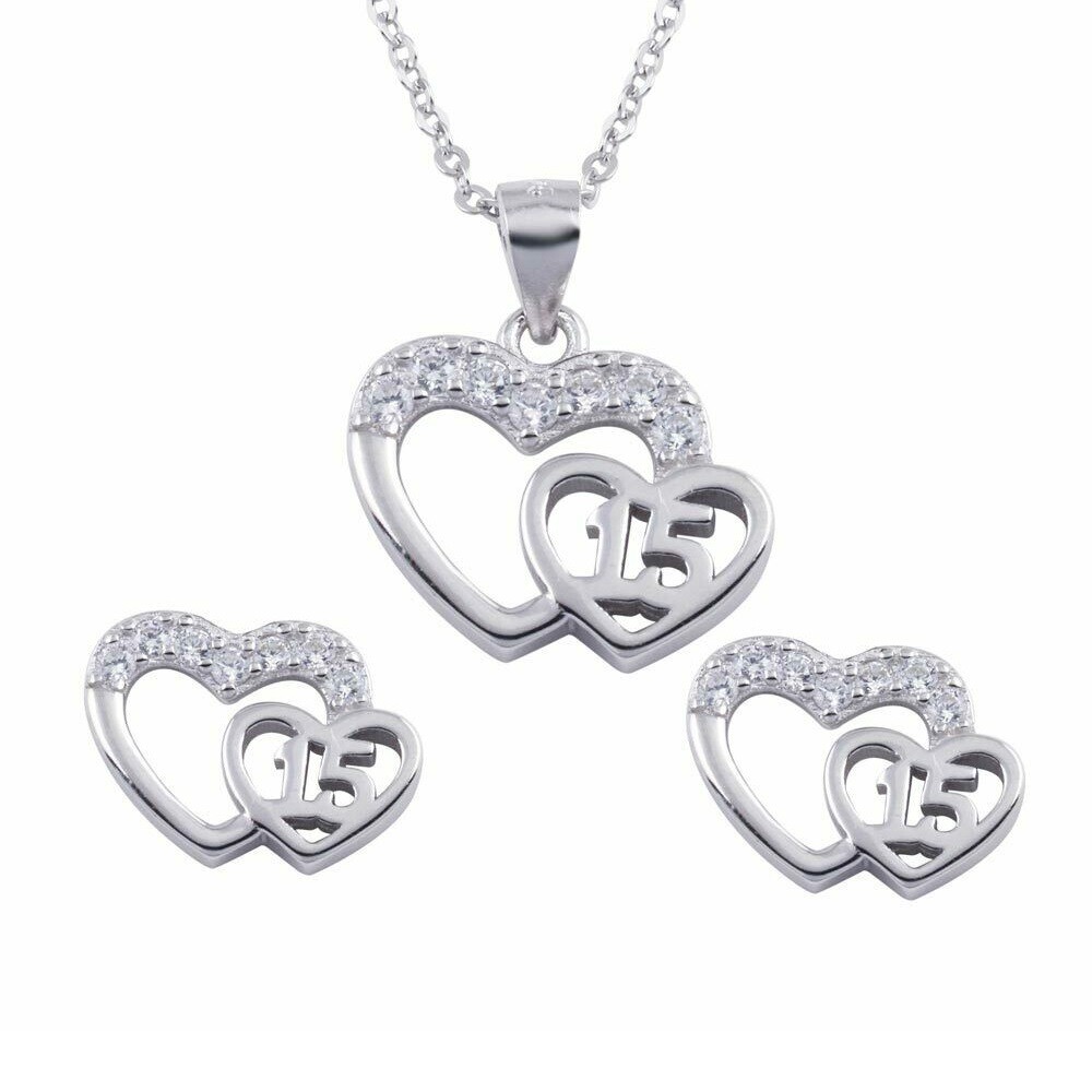 Sterling Silver Set of CZ Stones Necklace Stud Earrings w/