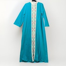 Vintage 60s Sears Day Home Wear House Coat M Zip Robe Embroidered Turquoise