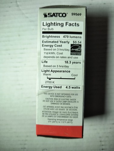 Satco S9569 4.5W =40W ETC LED Filament Bulb 120V Medium E26 Clear Warm White - Picture 2 of 4