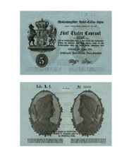 5 talarów, meklemburski banknot emerytalny, 1869, reprodukcja