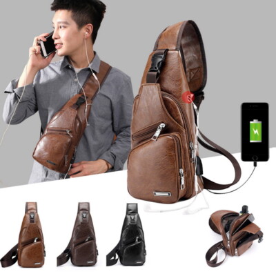 Men's USB Charging Chest Bag PU Leather PVC Shoulder Bag for Travel