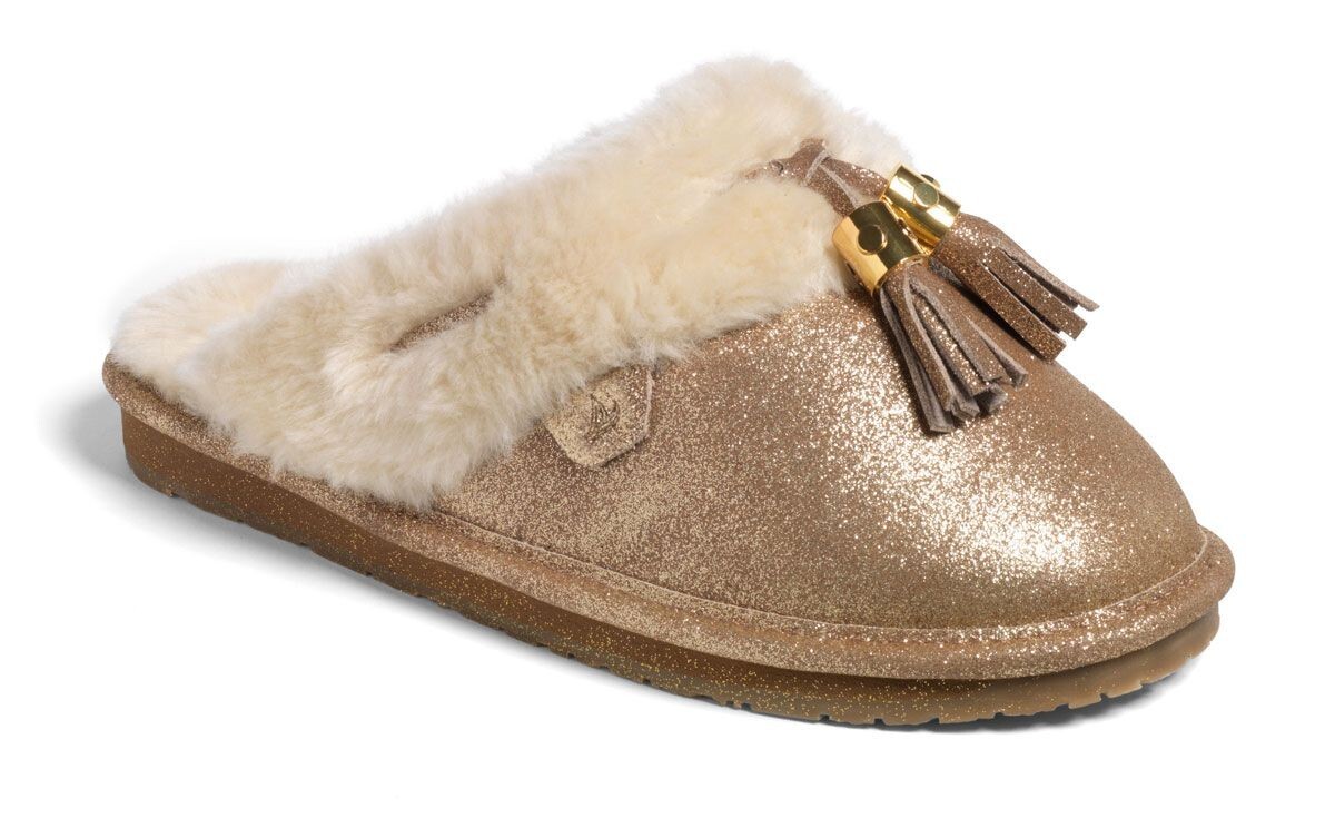 PANTOFOLA D’ORO $70 NEW SPERRY 8 Slippers G Glitter Scuff Slide Faux Fur Flat Womens