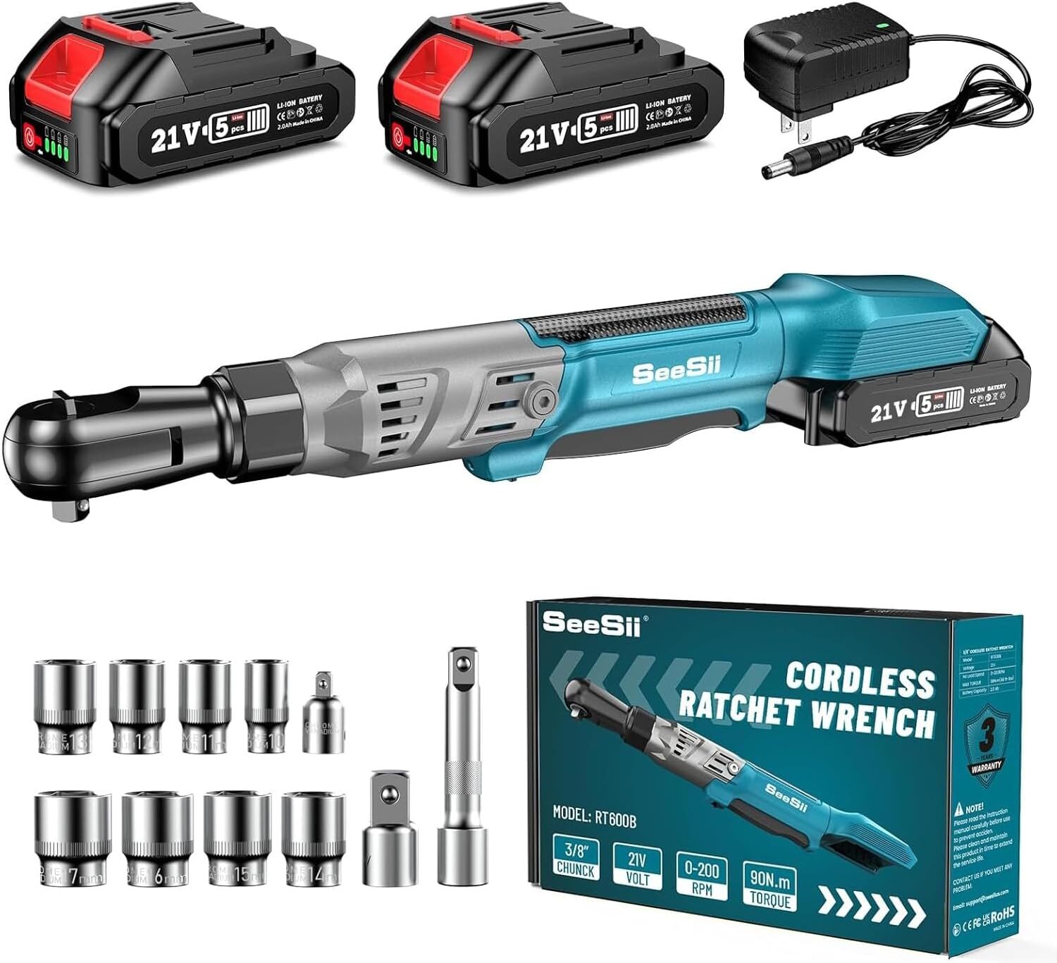3/8"" 90Nm Cordless Ratchet Wrench ,2*2000mAh Battery Ratcheting Socket Wrenches