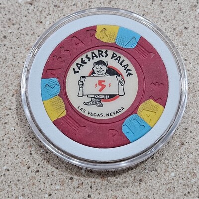 1974 Caesars Palace Casino $5 Table Chip- House Mold 3 Yellow 3 Blue- Las Vegas