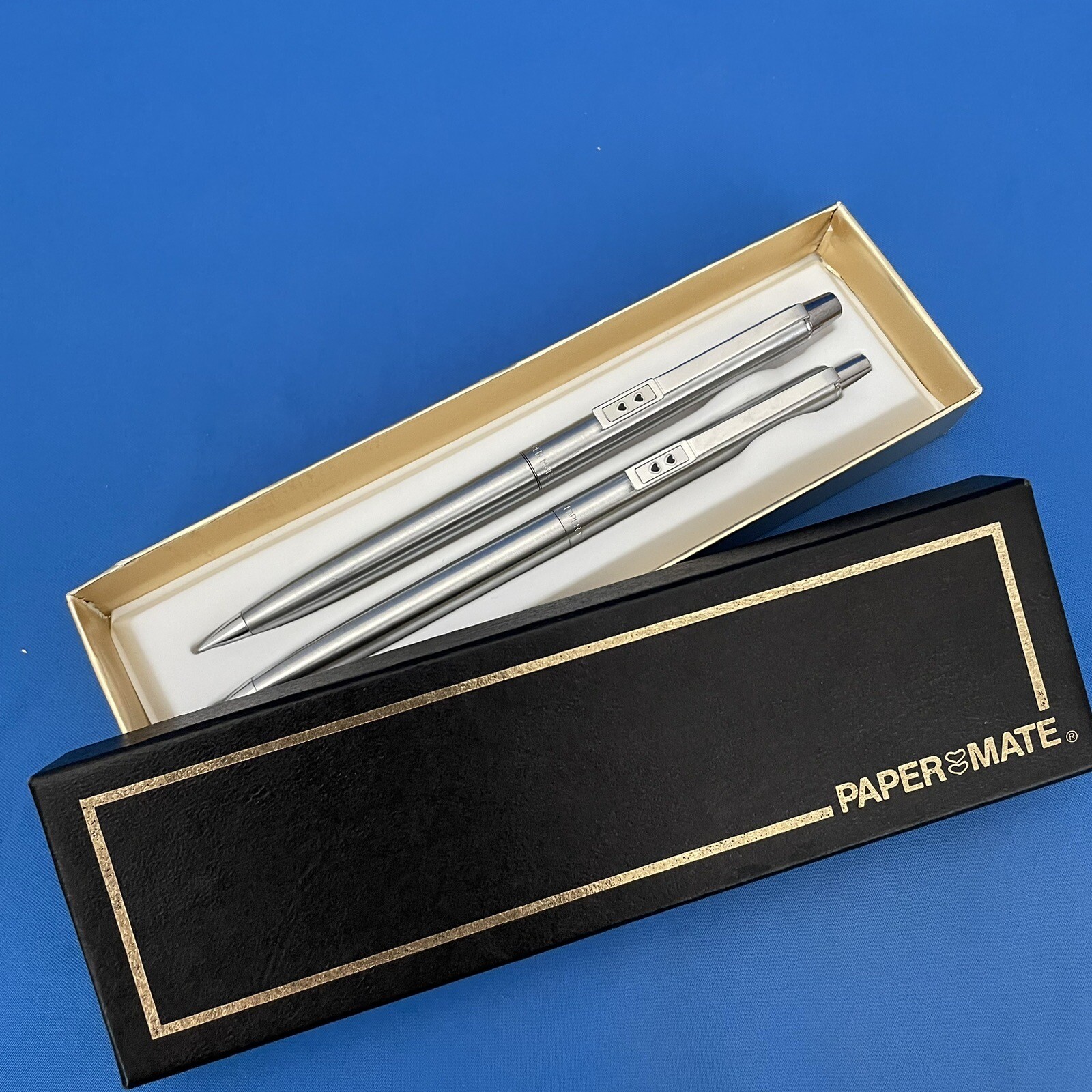Vtg Paper Mate Double Heart Satin brushed Chrome Pen/Pencil Set GREAT