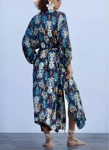 Zara Size Large Blue Printed Beaded Belted Hanoi Kimono - Picture 2 of 2