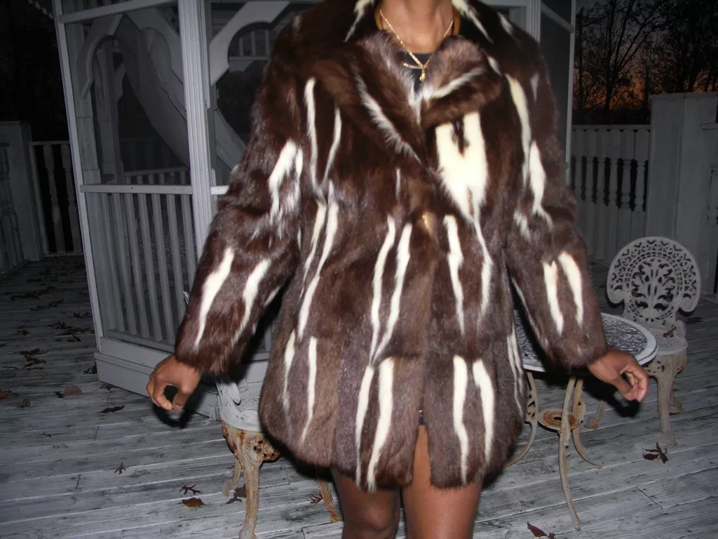 Rare Unique Designer Genuine Brown white skunk Fur Coat Jacket stroller S  0-4 | eBay