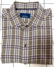 David Donahue Dress Shirt Men s Large Tan Plaid Pattern Button Up Long Sleeve