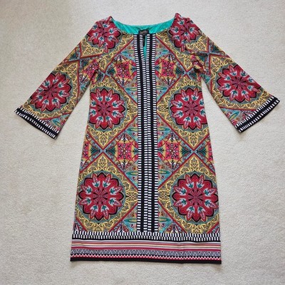 Laundry By Shelli Segal 8 Vibrant Lined Shift Dress Tunic 3/4 Bell Sleeve
