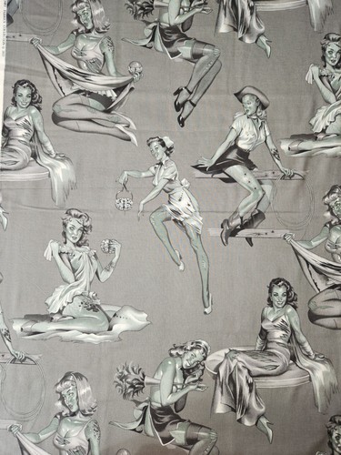 Alexander Henry Fabric Beauties And Brains 2015 Gray Pinup Girls 28" Cotton