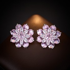 Women's Pink/Clear/Blue Cubic Zirconia Flower Stud Earrings