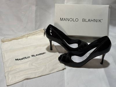 Manolo Blahnik 8.5 Patent Leather Studded Peep Toe Heel EU 38-1/2 $565 w/ Box