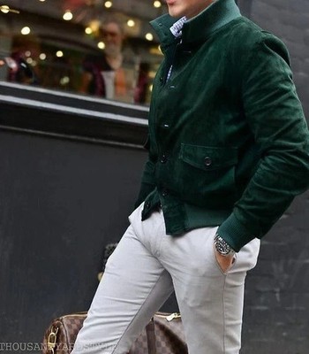 Bomber Jacket Men Suede Leather Green Lambskin Classic Motorcycle Biker Jacket