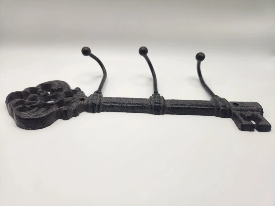 Vintage Cast Iron Skeleton Key Wall Hook Rack 3 Hooks Rustic Farmhouse Decor - Image 3 of 4
