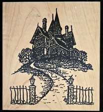 Stamp of Excellence Rubber Stamp Halloween Haunted House on Hill Scene Trees