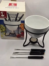 ROSHCO Nesting FONDUE Set WHITE CERAMIC pot Bowl Barely Used!