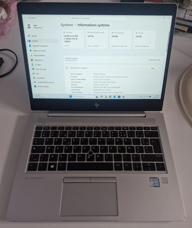 HP EliteBook 830 G5 · i7-8650U · 16GB · 256GB, photo 2 sur 5