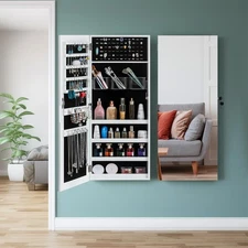 Wood Jewelry Mirror Cabinet Armoire Cosmetic Box Wall Hanging Organizer w/ Key