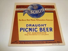 Circa 1930s Schlitz Draught Picnic Beer ½ Gallon Label