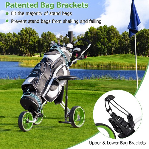 Foldable 3 Wheel Push Pull Golf Club Cart Trolley w/Seat Scoreboard Bag Swivel - Picture 5 of 8
