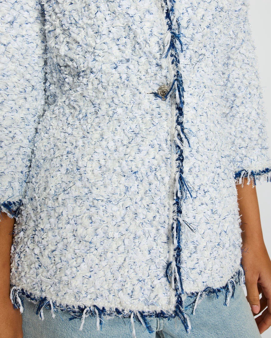 Chanel SS18 Fantasy Tweed Jacket FR36UK8 White Blue CC Logo Button New RRP £5100 image 4