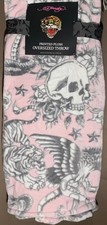Manta de felpa de gran tamaño Ed Hardy rosa con tigres, cráneos, cobras, águilas 60x70"