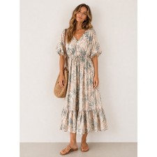 Z Supply Adley Oasis Midi Dress Small Tropical Leaf Print Rayon Tiered Sage Pink