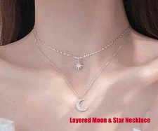 Layered Moon Star Necklace Silver Double-Chain Pendant Celestial Layered Collar