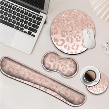 Keyboard Wrist Rest Mouse Pad Set Pink Cute Leopard Star Memory Foam Support