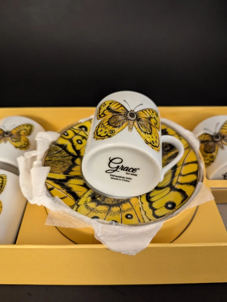 Juego 4 NUEVO Tazas y Platillos Espresso Vintage Mariposa Amarilla 🦋 Grace Teaware Foto 3 de 4