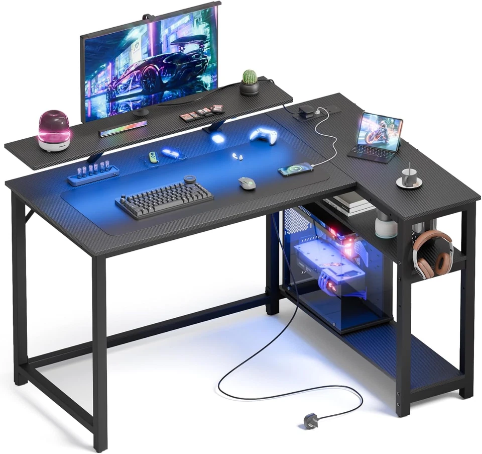 Mondeer L-Form Gaming Tisch 120x90cm LED USB Steckdosen Regal Haken Schwarz
