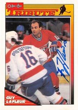 Guy Lafleur autographed Hockey Card 1991 OPEE CHEE #1 Tribute Montreal Canadiens
