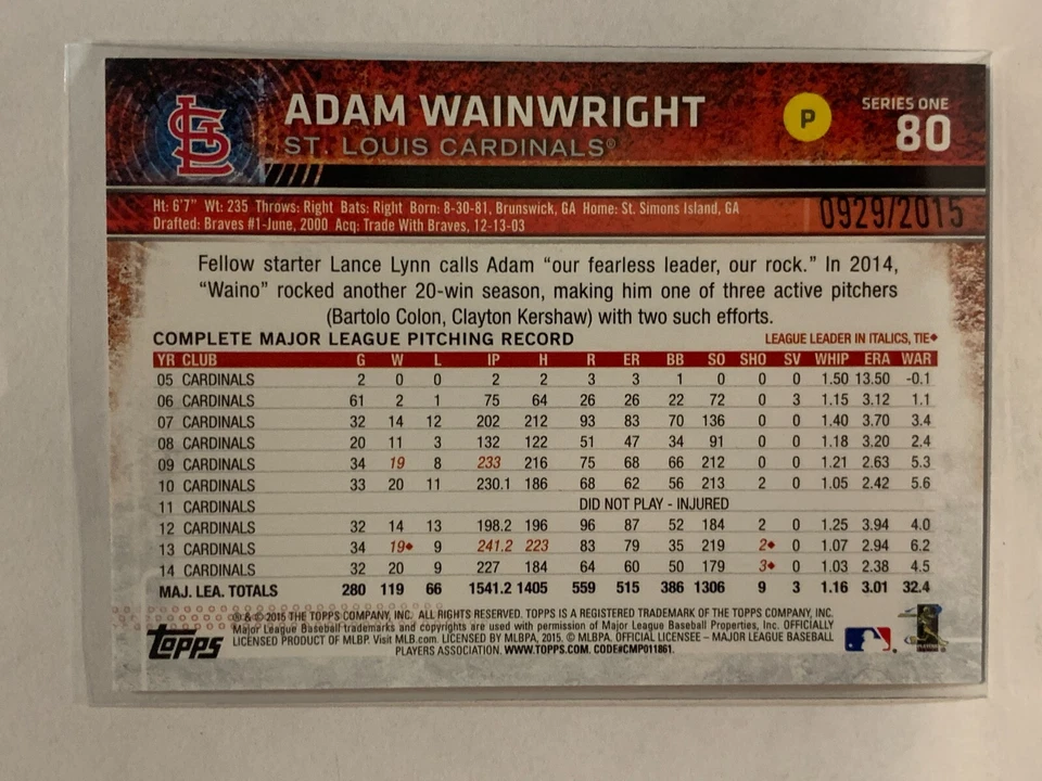 #80 Adam Wainwright Gold 929/2015 St Louis Cardinals 2015 Topps Series One Baseb - Image 2 of 2