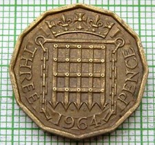 GREAT BRITAIN ELIZABETH II 1964 THREEPENCE 3 PENCE, BRASS