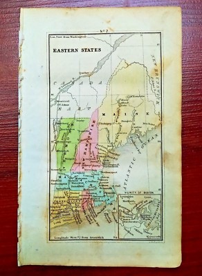 1852 Hand Colored Map Eastern States of U.S. Maine VT New Hampshire G.W. Boynton