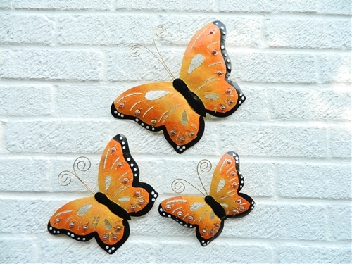 Metal Butterfly Wall Hanging Decoration Wall Art Butterflies Set of 3 - Orange