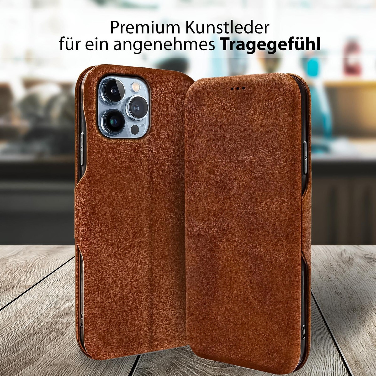 Snakehive Lederhülle Für IPhone 14 Pro Max – Klappcase Mit 4 Kartenfächern, Standfuß & Rundumschutz (hellbraun)