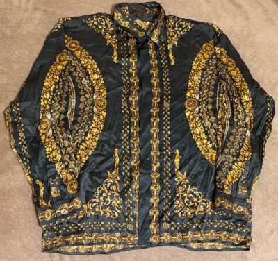 Vintage MONZINI COLLECTION ITALY  SILK  BUTTON DOWN SHIRT Size L Barocco Versace